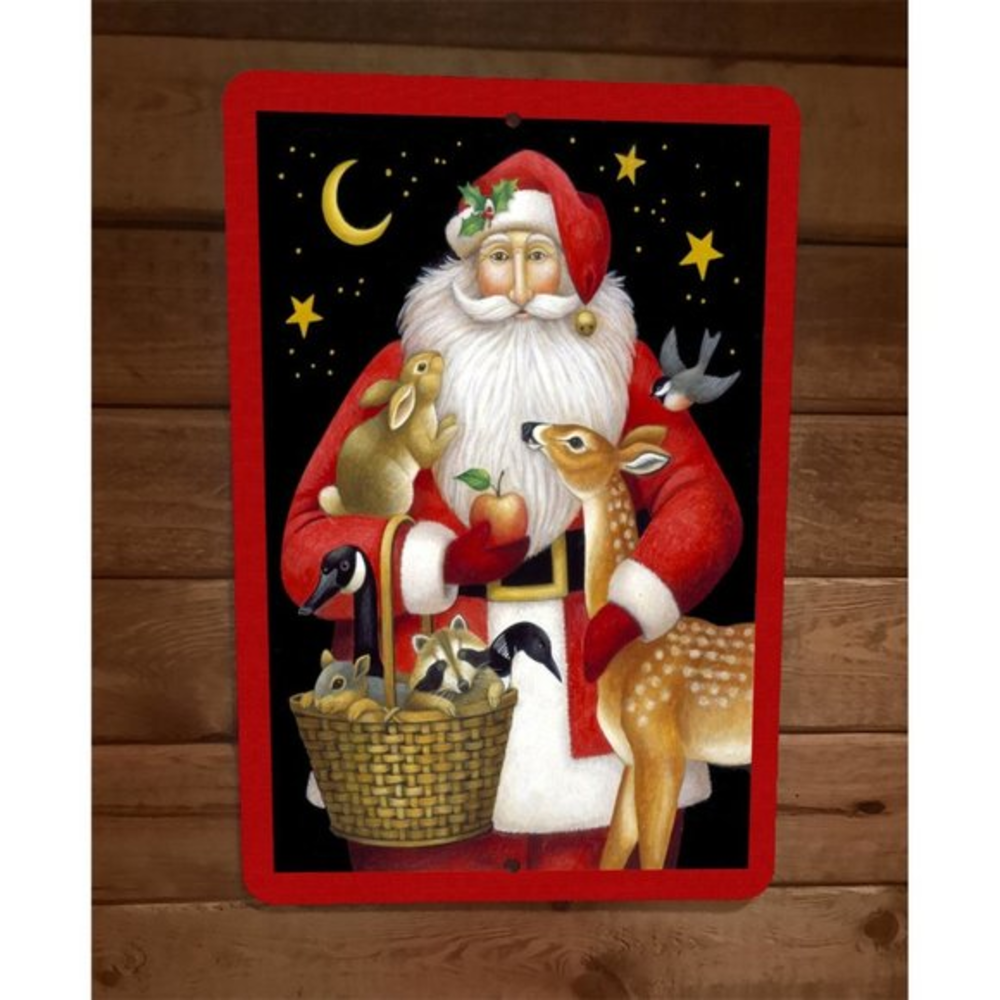 Merry Christmas Santa Clause with Animals Xmas 8x12 Metal Wall Sign Poster